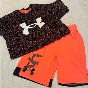 Boys Under Armour Black Speckled Top and Bright Orange Shorts Set